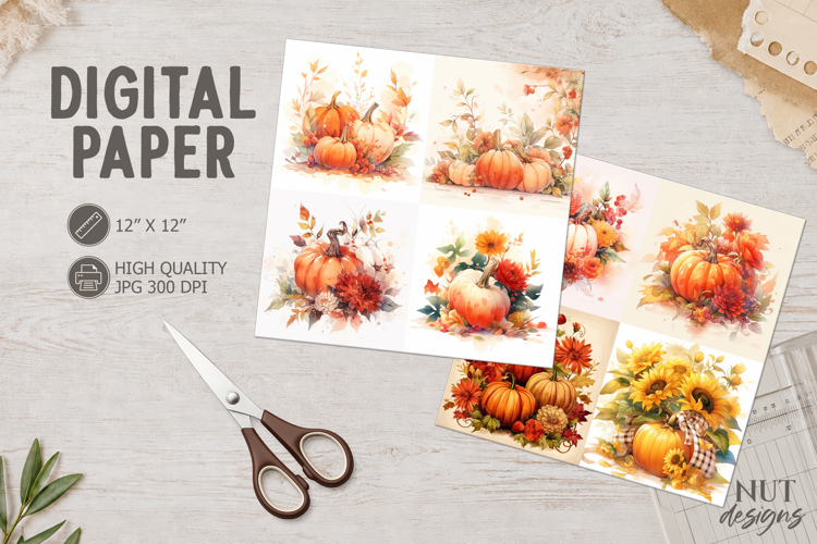 Fall Watercolor Autumn Pumpkin Floral Digital Paper