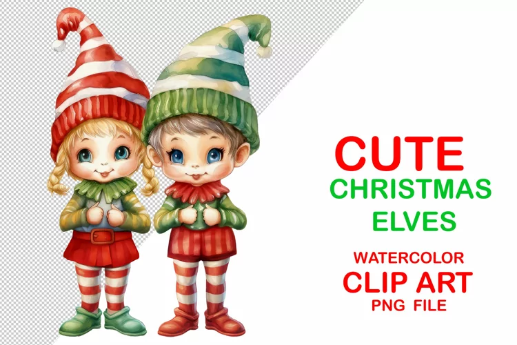 PNG Cute Christmas Elves. Red green watercolor sublimation