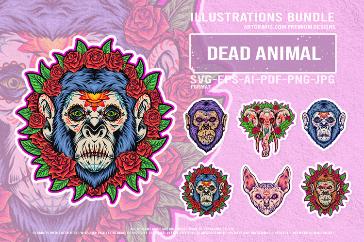 Mexican Gothic Animals With Roses Horror Vector Designs
