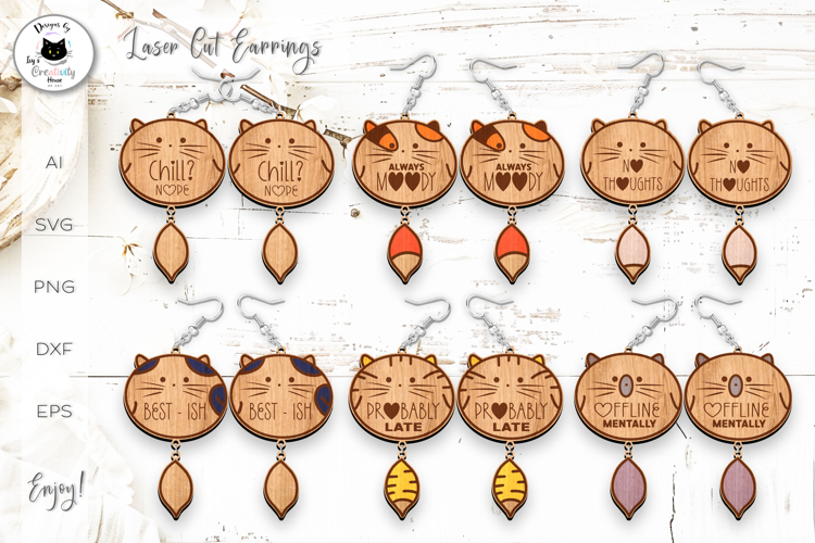 Cute Kawaii Cat Earrings Laser Cut Bundle