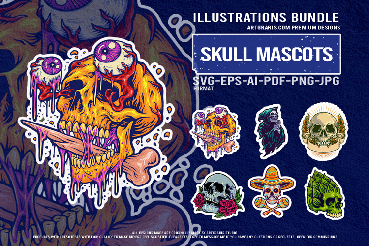 Horror skull collection with sombrero rose reaper and creepy