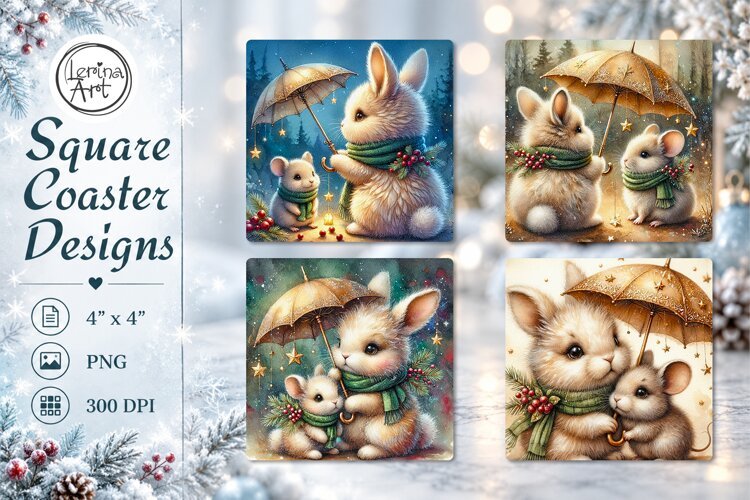 Cozy Christmas Bunny & Mouse Coasters 4 PNG example image 1