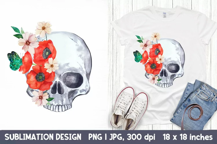 Boho Skull and Wild Flowers. Halloween Skull Sublimation.