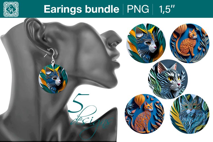3D Cats earrings sublimation designs, PNG example image 1