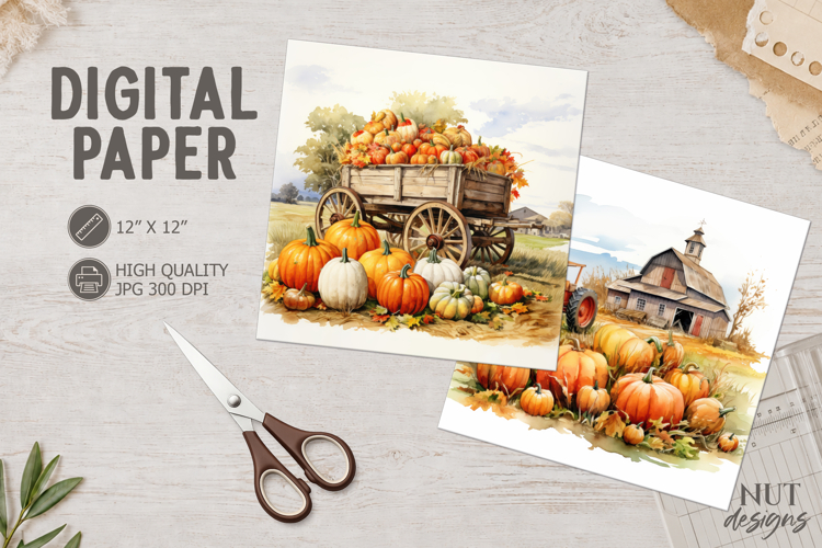 Rustic Farm Pumpkin Watercolor Autumn Harvest Digital Paper