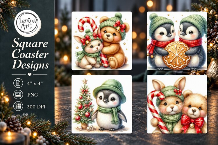 Christmas Penguin & Friends Coasters 4 PNG example image 1