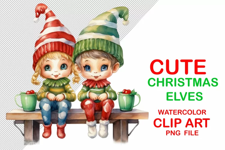 PNG Cute Christmas Elves with grog. Watercolor sublimation