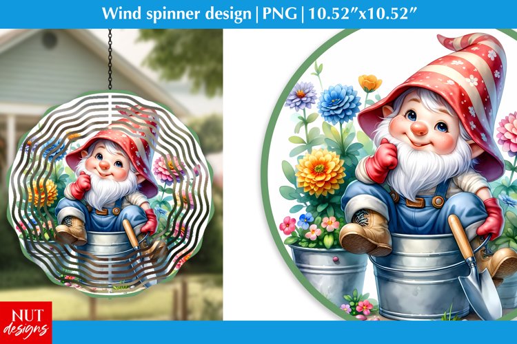 Flowers Gnome Wind spinner design, Spring gnome round design