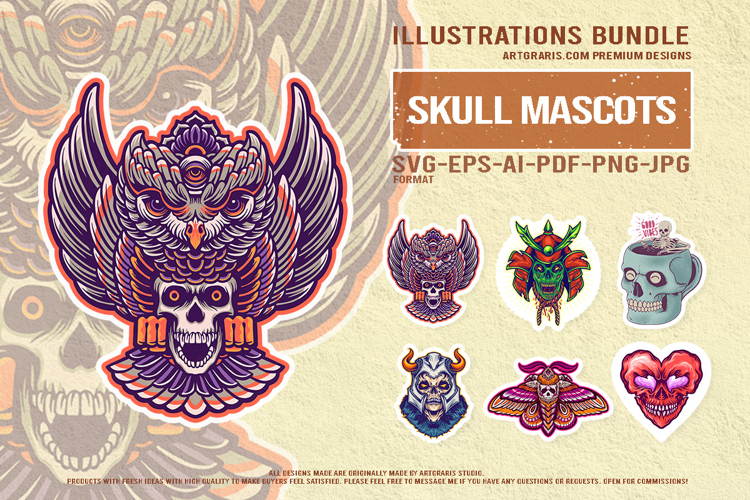 Fantasy Skull Art Samurai Viking Owl Heart Set