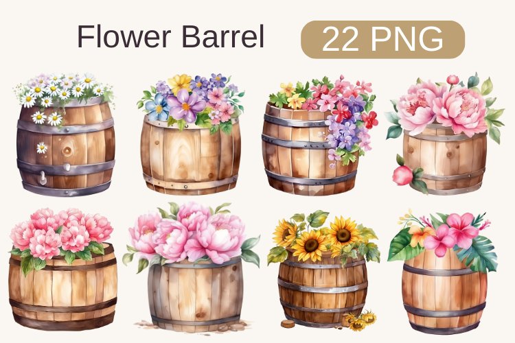 Watercolor Flower Barrel, Flower Barrel Clipart PNG Bundle example image 1