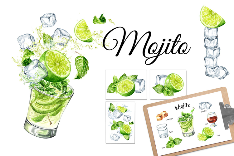 Mojito. Hand drawn watercolor set