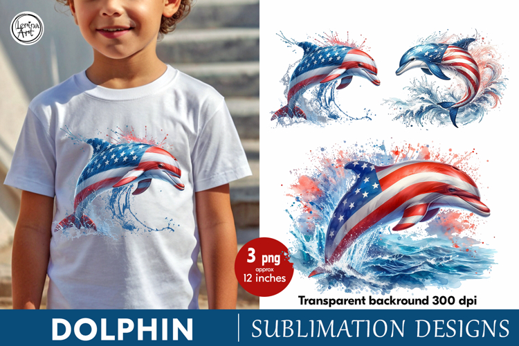 4th of July Dolphin sublimation print design PNG