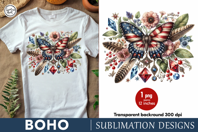 4th of July Boho Butterfly sublimation print design PNG