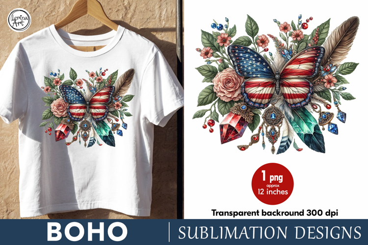 4th of July Boho Butterfly sublimation print design PNG