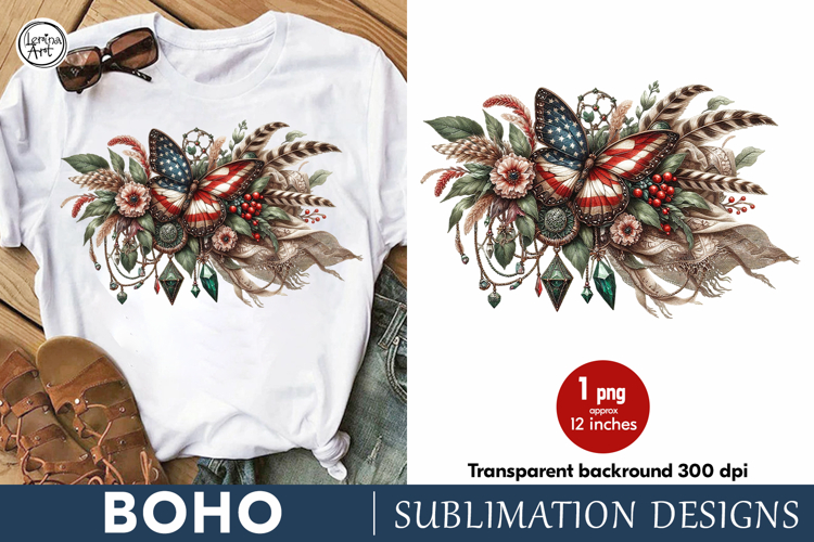 4th of July Boho Butterfly sublimation print design PNG