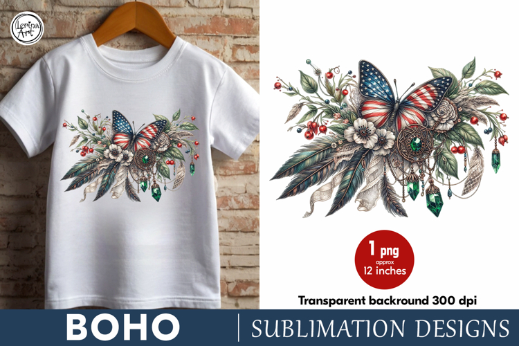 4th of July Boho Butterfly sublimation print design PNG