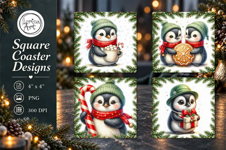 Christmas Penguin & Friends Coasters 4 PNG