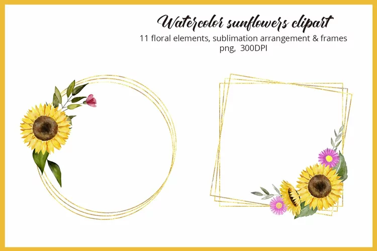 Watercolor clipart Sunflower Summer floral frame bouquet PNG
