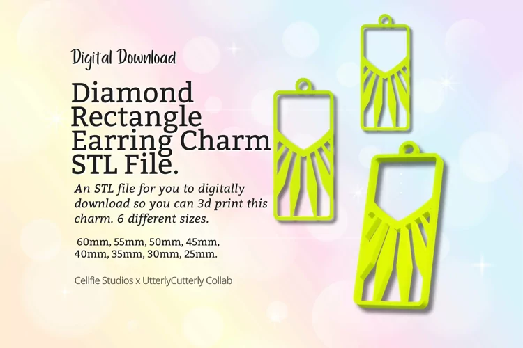 Rectangle Diamond Earring Charm STL File - Digital Download