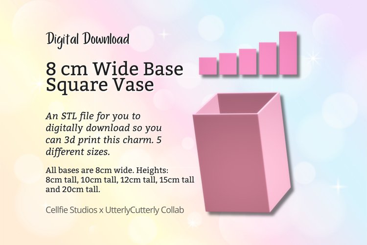 8cm Wide Base, Square Vase STL File - Digital Download -5 Si example image 1