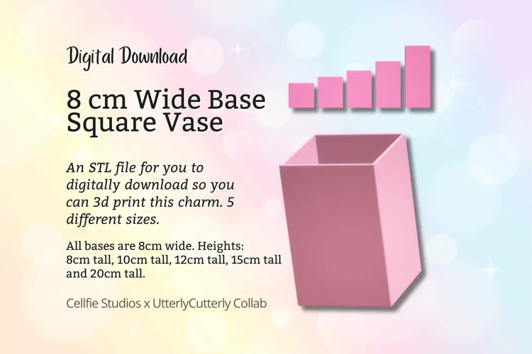 8cm Wide Base, Square Vase STL File - Digital Download -5 Si