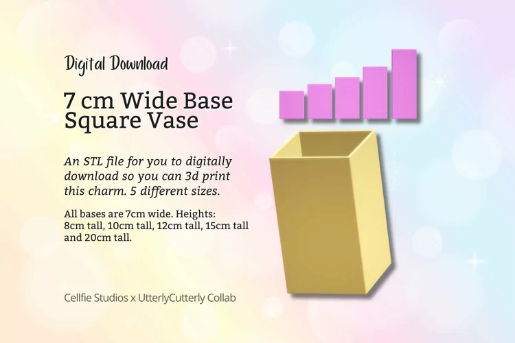 7cm Wide Base, Square Vase STL File - Digital Download -5 Si