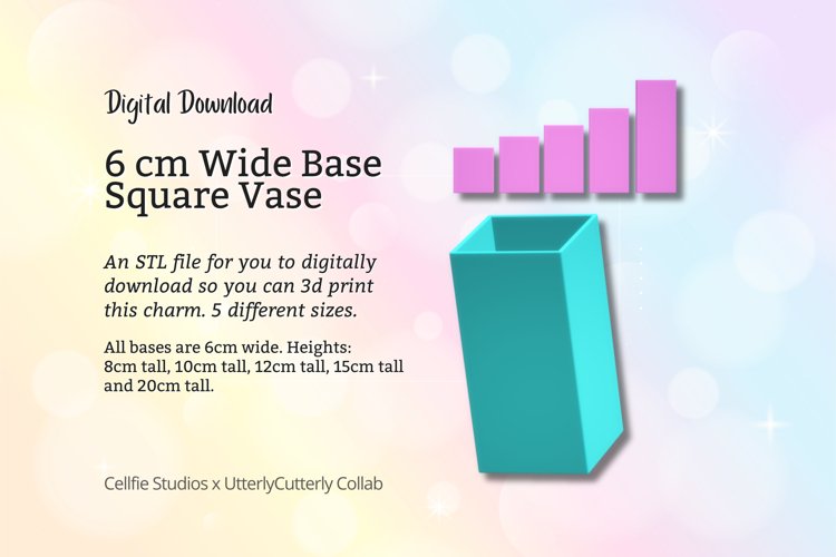 6cm Wide Base, Square Vase STL File - Digital Download -5 Si example image 1
