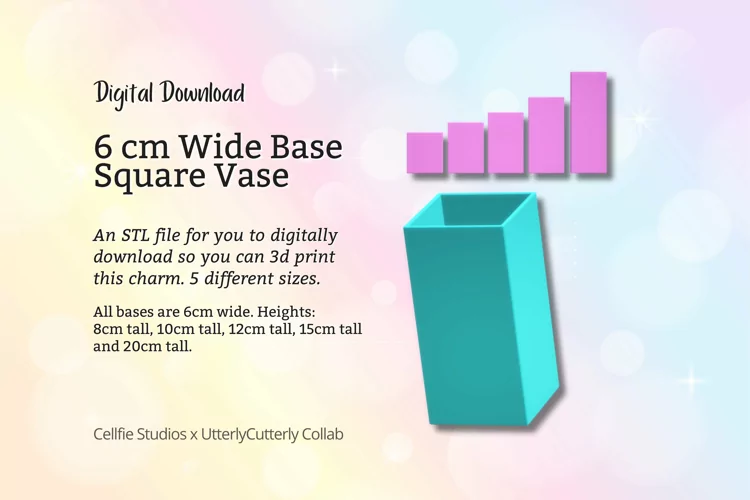 6cm Wide Base, Square Vase STL File - Digital Download -5 Si