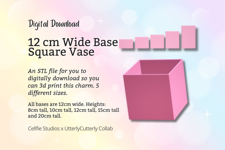 12cm Wide Base, Square Vase STL File - Digital Download -5 S example image 1