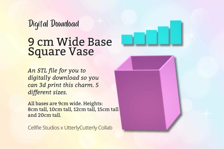 9cm Wide Base, Square Vase STL File - Digital Download -5 Si