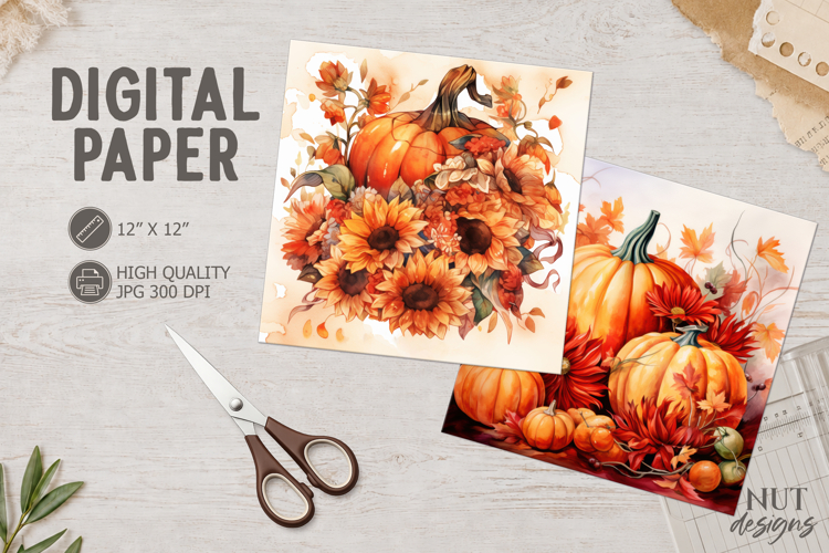 Fall Orange Pumpkin Sunflower Digital Paper Autumn Harvest
