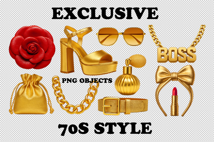 PNG 70s style golden fashion accessories set isolated
