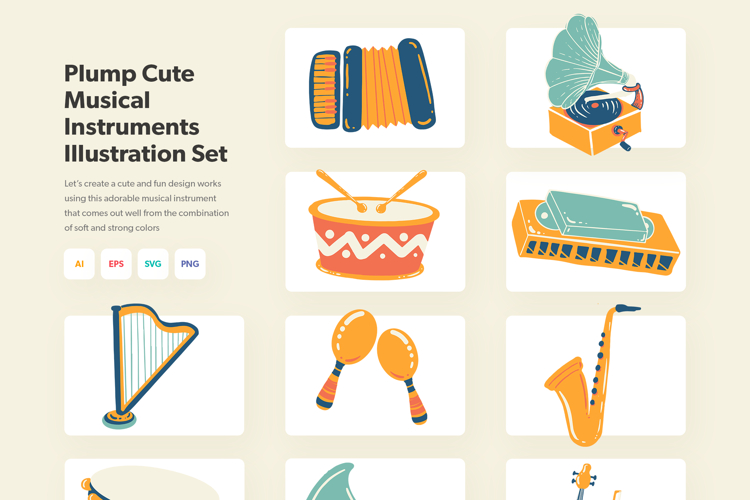 Plump Cute Musical Instruments Illustration Set