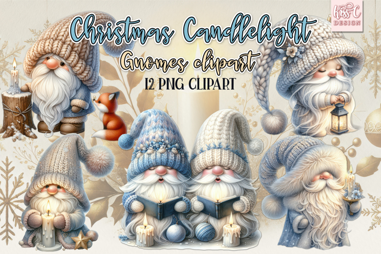 Christmas Candlelight Gnomes Winter Watercolor Clipart