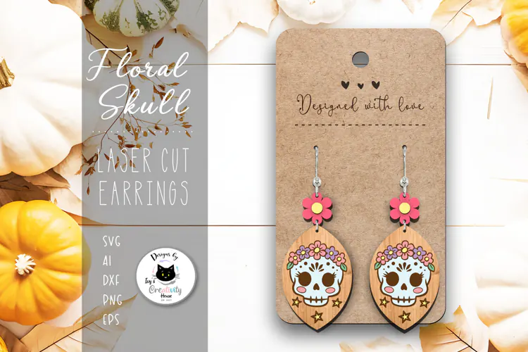 Floral Skull Halloween Dangle Earrings | Laser Cut SVG