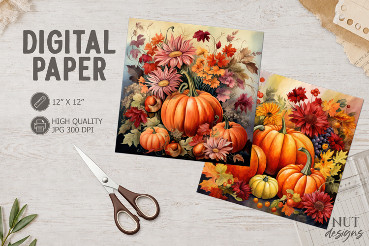 Pumpkin Floral Digital Paper Autumn Harvest Fall bouquet