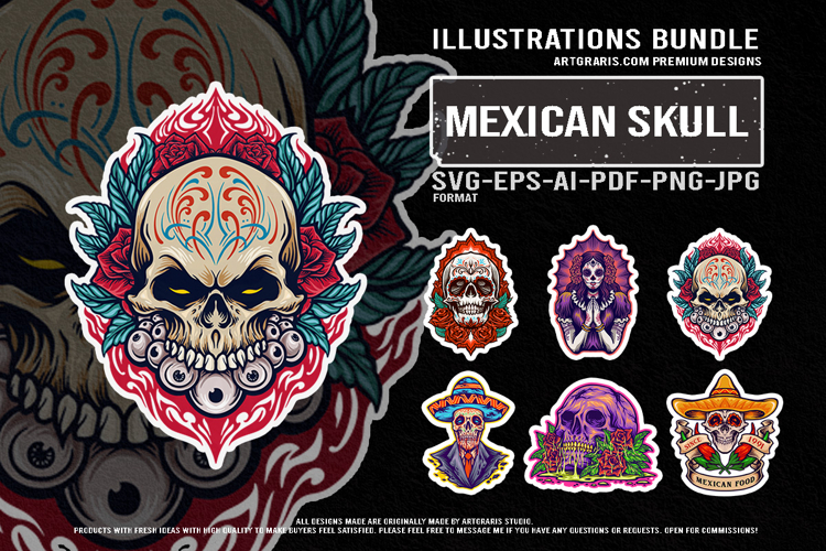 Mexican Festival Skulls and Día de los Muertos Illustration