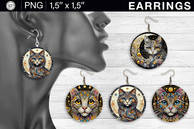 Cute Cat earrings sublimation designs, 4 PNG