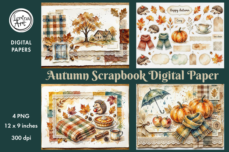 Cozy Autumn digital papers. Junk Journal page. Scrapbook