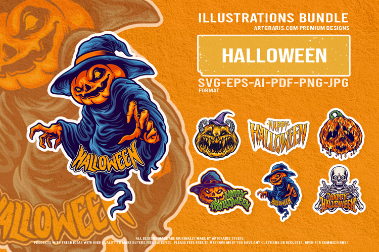 Cursed Pumpkin Faces And Haunted Skeleton Halloween Vector