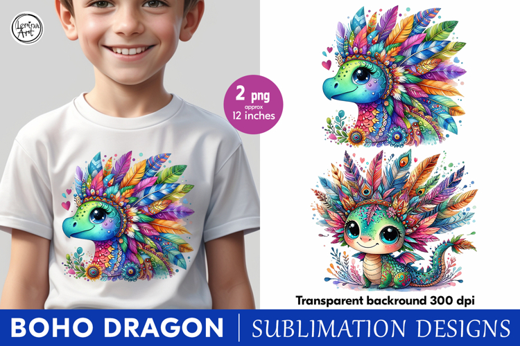 Cute Boho Dragon Watercolor clipart, print design PNG