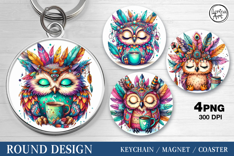 Round Pattern. Owl & Coffee. Coaster/keychain/magnets PNG