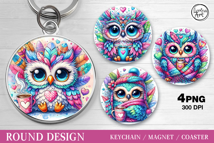 Round Pattern. Owl & Coffee. Coaster/keychain/magnets PNG