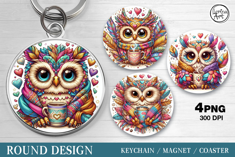Round Pattern. Owl & Coffee. Coaster/keychain/magnets PNG