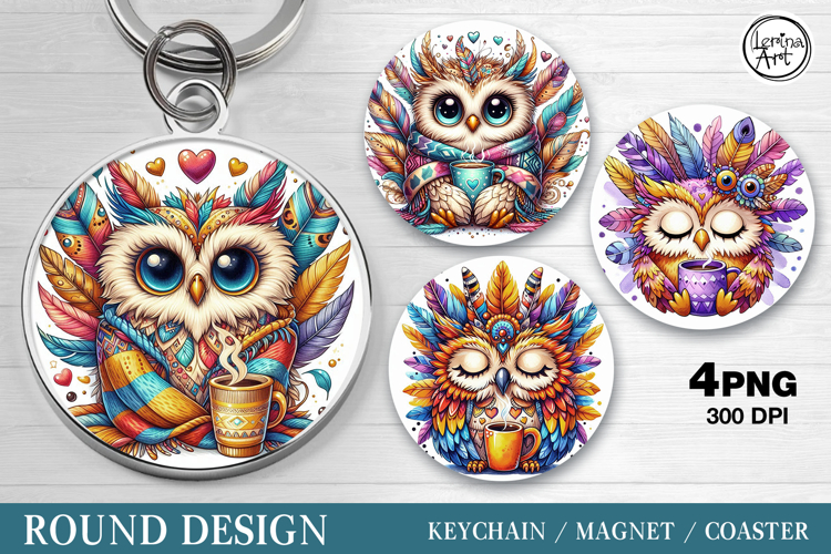Round Pattern. Owl & Coffee. Coaster/keychain/magnets PNG