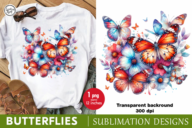 Watercolor Butterflies sublimation print design PNG