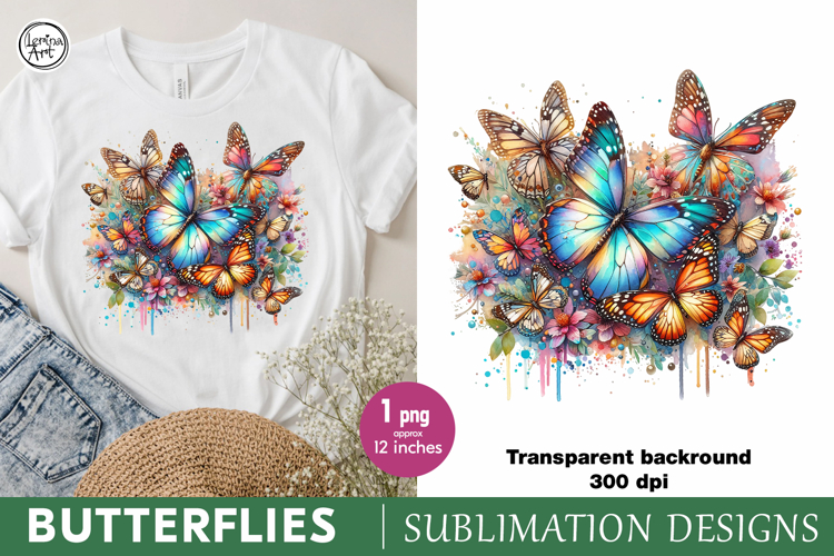 Watercolor Butterflies sublimation print design PNG