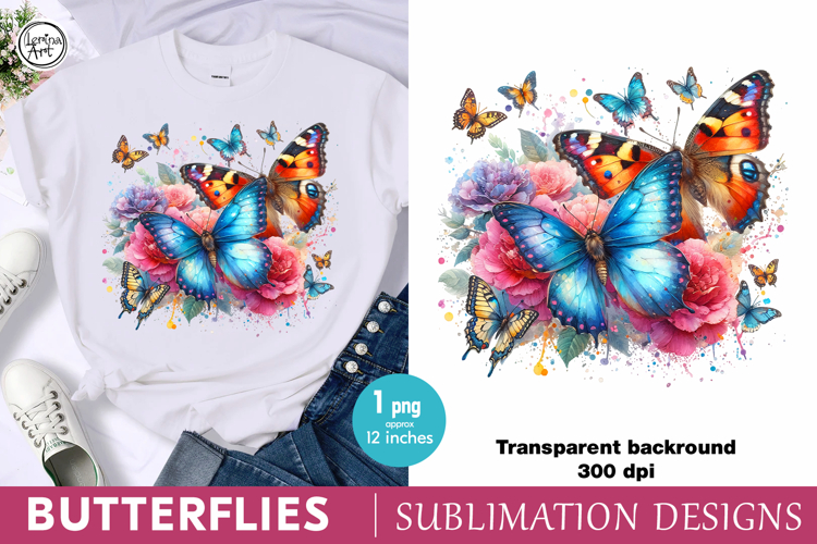 Watercolor Butterflies sublimation print design PNG