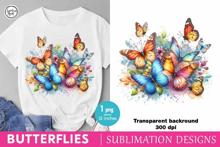 Watercolor Butterflies sublimation print design PNG