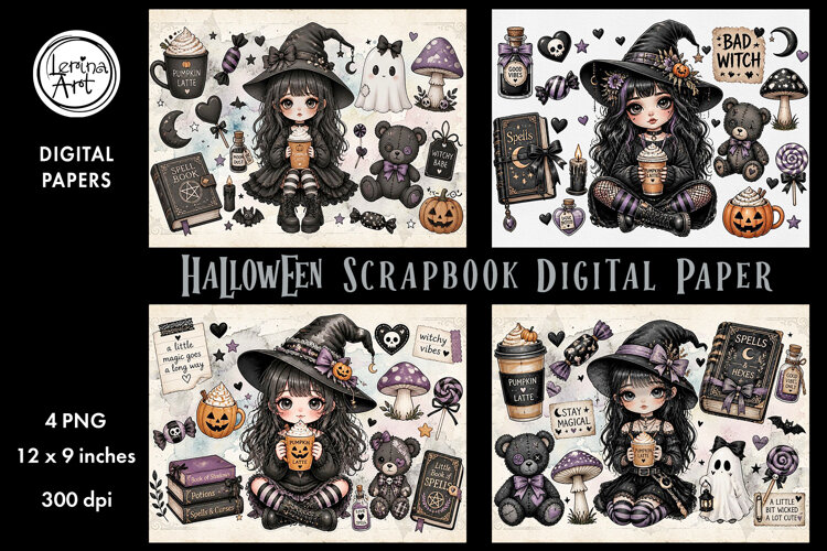 Little Witch digital papers. Junk Journal page. Scrapbook example image 1